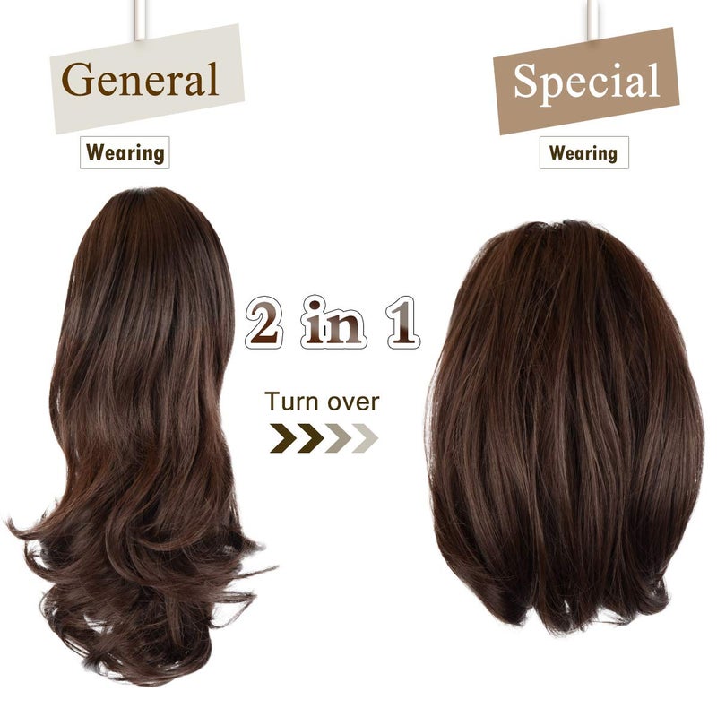 Sofeiyan 13" Ponytail Extension Long Curly Ponytail Clip in Claw Hair Extension Natural Looking Synthetic Hairpiece for Women, Dark Brown & Dark Auburn Mixed - Image 3